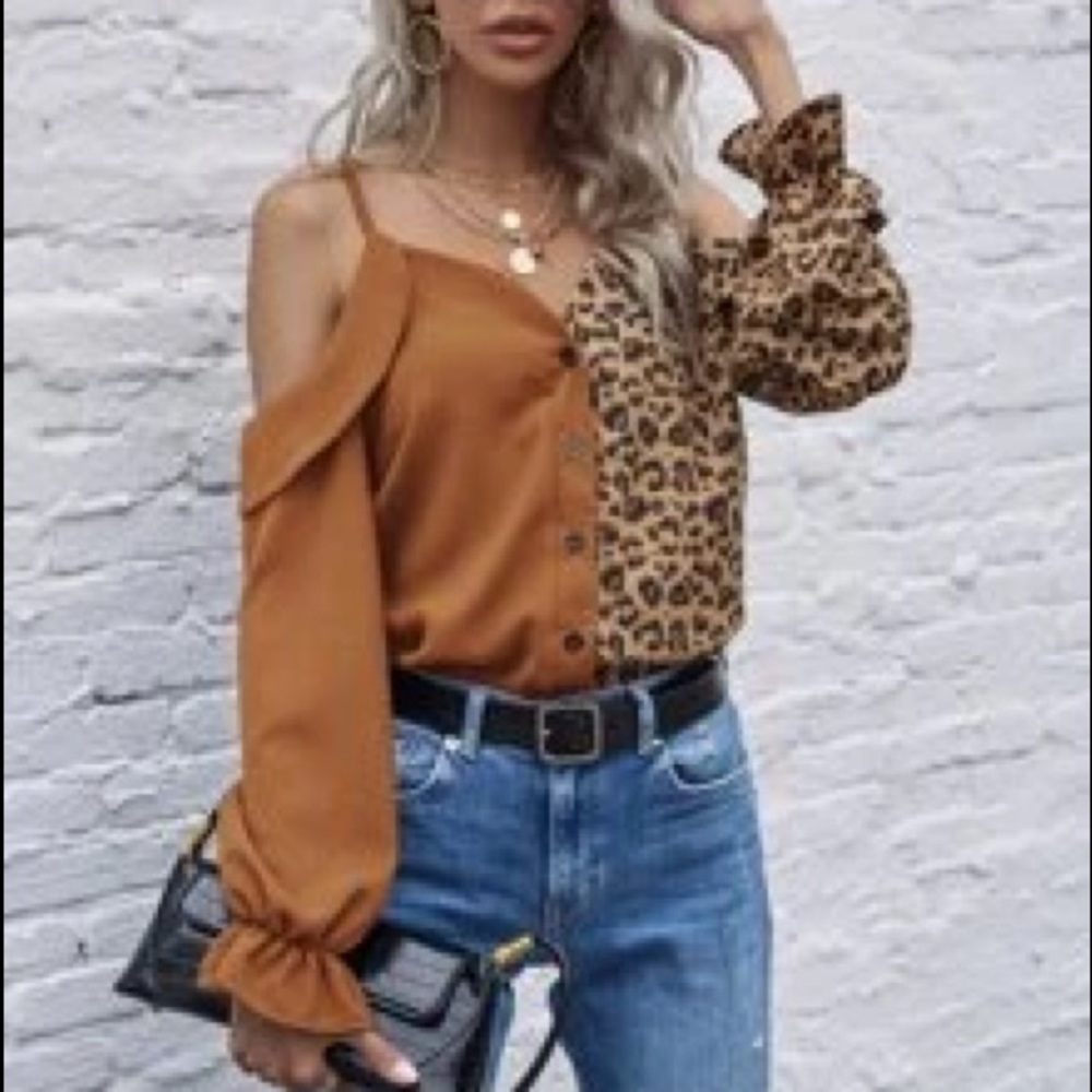 SHEIN leopard panel cold shoulder spliced blouse